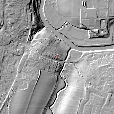 Shaded relief map of the ground around WR112PG, computed from Environment Agency LiDAR. The ground here sits at about 27 m above sea level and falls 17 m across the surrounding 800 m. Surface water reaching this point runs off ground lying to the west-north-west, 5.9 m higher.