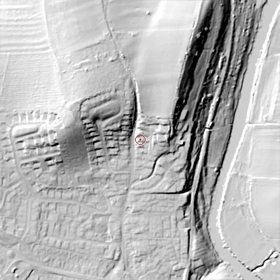 Shaded relief map of the ground around WR112PR, computed from Environment Agency LiDAR. The ground here sits at about 44 m above sea level and falls 42 m across the surrounding 800 m. Surface water reaching this point runs off ground lying to the north-west, 20.7 m higher.