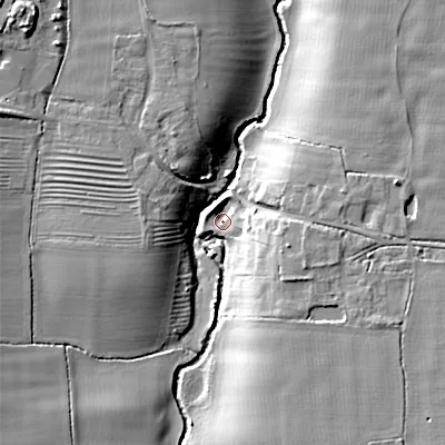 Shaded relief map of the ground around WR112QU, computed from Environment Agency LiDAR. The ground here sits at about 30 m above sea level and falls 17 m across the surrounding 800 m. Surface water reaching this point runs off ground lying to the east-south-east, 11.6 m higher.