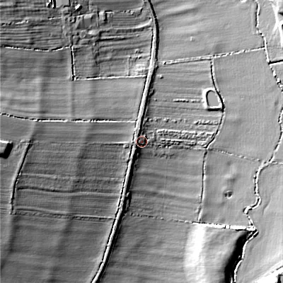 Shaded relief map of the ground around WR112QZ, computed from Environment Agency LiDAR. The ground here sits at about 40 m above sea level and falls 28 m across the surrounding 800 m. Surface water reaching this point runs off ground lying to the west, 20.7 m higher.