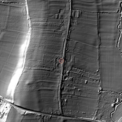 Shaded relief map of the ground around WR112RD, computed from Environment Agency LiDAR. The ground here sits at about 40 m above sea level and falls 19 m across the surrounding 800 m. Surface water reaching this point runs off ground lying to the south-west, 7.6 m higher.