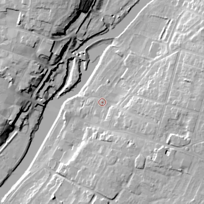 Shaded relief map of the ground around WR113AB, computed from Environment Agency LiDAR. The ground here sits at about 24 m above sea level and falls 23 m across the surrounding 800 m. Surface water reaching this point runs off ground lying to the east-south-east, 8.0 m higher.