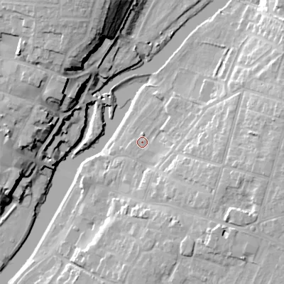 Shaded relief map of the ground around WR113AD, computed from Environment Agency LiDAR. The ground here sits at about 24 m above sea level and falls 24 m across the surrounding 800 m. Surface water reaching this point runs off ground lying to the south-east, 6.4 m higher.