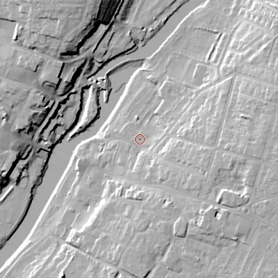Shaded relief map of the ground around WR113AE, computed from Environment Agency LiDAR. The ground here sits at about 24 m above sea level and falls 24 m across the surrounding 800 m. Surface water reaching this point runs off ground lying to the east-south-east, 7.8 m higher.