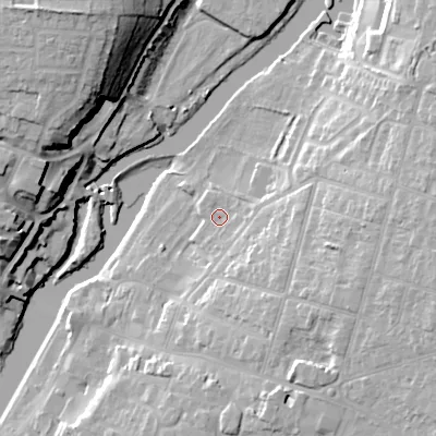 Shaded relief map of the ground around WR113AJ, computed from Environment Agency LiDAR. The ground here sits at about 24 m above sea level and falls 26 m across the surrounding 800 m. Surface water reaching this point runs off ground lying to the south-east, 7.1 m higher.