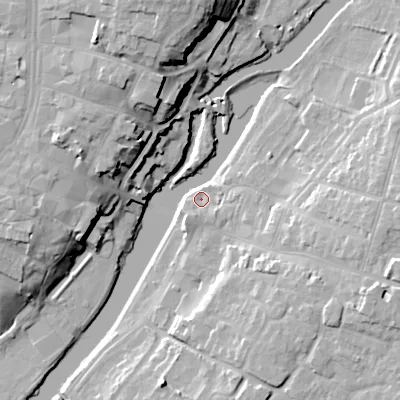 Shaded relief map of the ground around WR113AS, computed from Environment Agency LiDAR. The ground here sits at about 22 m above sea level and falls 23 m across the surrounding 800 m. Surface water reaching this point runs off ground lying to the east, 4.6 m higher.