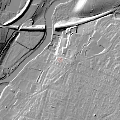 Shaded relief map of the ground around WR113BJ, computed from Environment Agency LiDAR. The ground here sits at about 30 m above sea level and falls 26 m across the surrounding 800 m. Surface water reaching this point runs off ground lying to the east-south-east, 6.8 m higher.