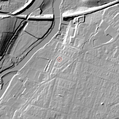 Shaded relief map of the ground around WR113BQ, computed from Environment Agency LiDAR. The ground here sits at about 27 m above sea level and falls 24 m across the surrounding 800 m. Surface water reaching this point runs off ground lying to the east, 5.4 m higher.