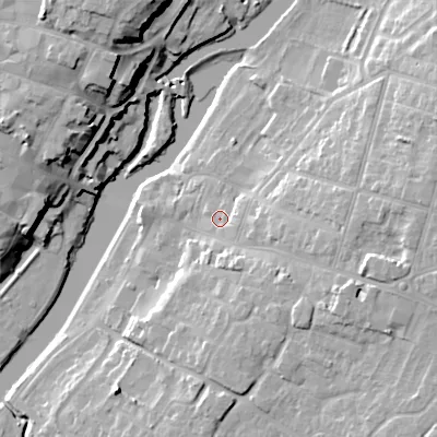Shaded relief map of the ground around WR113DP, computed from Environment Agency LiDAR. The ground here sits at about 25 m above sea level and falls 22 m across the surrounding 800 m. Surface water reaching this point runs off ground lying to the east-south-east, 2.6 m higher.