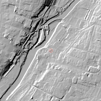 Shaded relief map of the ground around WR113HA, computed from Environment Agency LiDAR. The ground here sits at about 24 m above sea level and falls 23 m across the surrounding 800 m. Surface water reaching this point runs off ground lying to the south-east, 2.3 m higher.