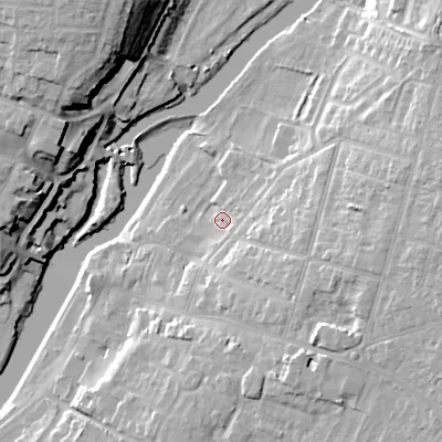Shaded relief map of the ground around WR113HD, computed from Environment Agency LiDAR. The ground here sits at about 24 m above sea level and falls 24 m across the surrounding 800 m. Surface water reaching this point runs off ground lying to the east-south-east, 10.7 m higher.