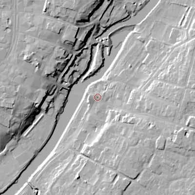 Shaded relief map of the ground around WR113LA, computed from Environment Agency LiDAR. The ground here sits at about 24 m above sea level and falls 22 m across the surrounding 800 m. Surface water reaching this point runs off ground lying to the east-south-east, 10.5 m higher.