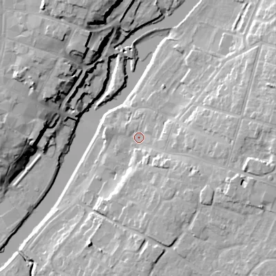 Shaded relief map of the ground around WR113LD, computed from Environment Agency LiDAR. The ground here sits at about 24 m above sea level and falls 21 m across the surrounding 800 m. Surface water reaching this point runs off ground lying to the east-south-east, 10.3 m higher.