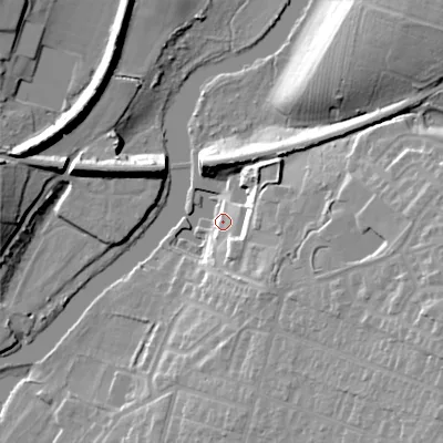 Shaded relief map of the ground around WR113XZ, computed from Environment Agency LiDAR. The ground here sits at about 26 m above sea level and falls 26 m across the surrounding 800 m. Surface water reaching this point runs off ground lying to the south-east, 9.4 m higher.