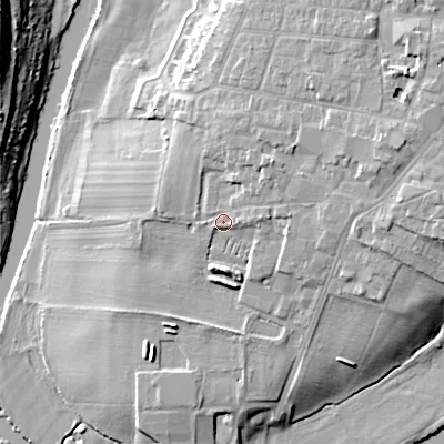 Shaded relief map of the ground around WR114BP, computed from Environment Agency LiDAR. The ground here sits at about 29 m above sea level and falls 19 m across the surrounding 800 m. Surface water reaching this point runs off ground lying to the east-north-east, 6.8 m higher.