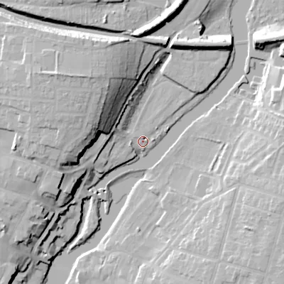Shaded relief map of the ground around WR114BX, computed from Environment Agency LiDAR. The ground here sits at about 24 m above sea level and falls 26 m across the surrounding 800 m. Surface water reaching this point runs off ground lying to the west, 3.0 m higher.