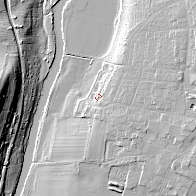 Shaded relief map of the ground around WR114GS, computed from Environment Agency LiDAR. The ground here sits at about 28 m above sea level and falls 34 m across the surrounding 800 m. Surface water reaching this point runs off ground lying to the east-north-east, 11.6 m higher.