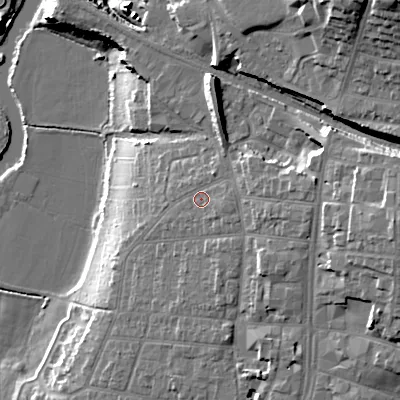 Shaded relief map of the ground around WR114JR, computed from Environment Agency LiDAR. The ground here sits at about 33 m above sea level and falls 30 m across the surrounding 800 m. Surface water reaching this point runs off ground lying to the east, 5.2 m higher.