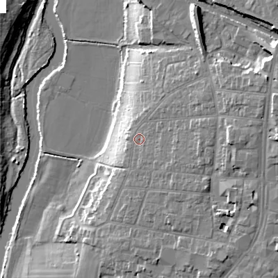 Shaded relief map of the ground around WR114LA, computed from Environment Agency LiDAR. The ground here sits at about 31 m above sea level and falls 20 m across the surrounding 800 m. Surface water reaching this point runs off ground lying to the east-north-east, 7.9 m higher.