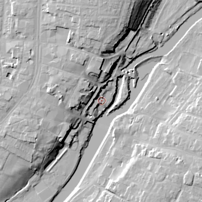 Shaded relief map of the ground around WR114LH, computed from Environment Agency LiDAR. The ground here sits at about 25 m above sea level and falls 24 m across the surrounding 800 m. Surface water reaching this point runs off ground lying to the west-south-west, 5.4 m higher.