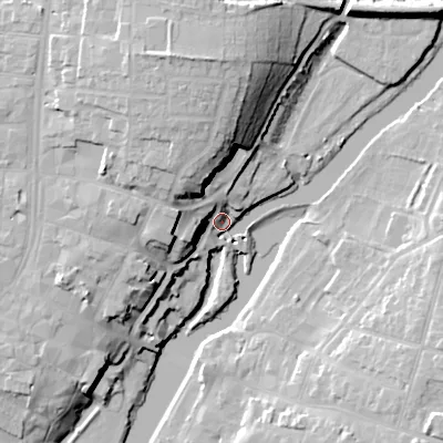 Shaded relief map of the ground around WR114PH, computed from Environment Agency LiDAR. The ground here sits at about 25 m above sea level and falls 26 m across the surrounding 800 m. Surface water reaching this point runs off ground lying to the west, 17.2 m higher.