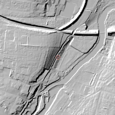 Shaded relief map of the ground around WR114PU, computed from Environment Agency LiDAR. The ground here sits at about 27 m above sea level and falls 26 m across the surrounding 800 m. Surface water reaching this point runs off ground lying to the west-north-west, 21.1 m higher.
