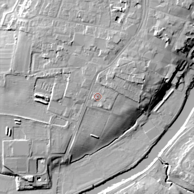 Shaded relief map of the ground around WR114ST, computed from Environment Agency LiDAR. The ground here sits at about 30 m above sea level and falls 19 m across the surrounding 800 m. Surface water reaching this point runs off ground lying to the north-east, 3.2 m higher.