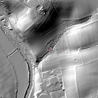 Shaded relief map of the ground around WR114TA, computed from Environment Agency LiDAR. The ground here sits at about 33 m above sea level and falls 45 m across the surrounding 800 m. Surface water reaching this point runs off ground lying to the north, 32.4 m higher.