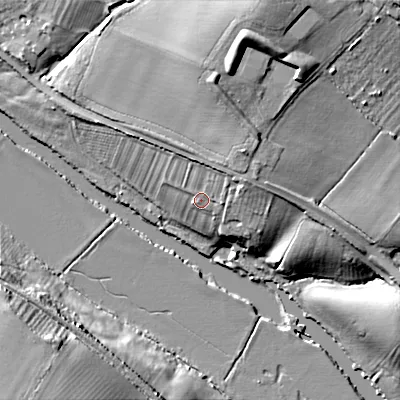 Shaded relief map of the ground around WR114TD, computed from Environment Agency LiDAR. The ground here sits at about 28 m above sea level and falls 24 m across the surrounding 800 m. Surface water reaching this point runs off ground lying to the north-north-east, 4.7 m higher.