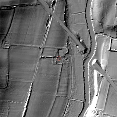 Shaded relief map of the ground around WR114TU, computed from Environment Agency LiDAR. The ground here sits at about 26 m above sea level and falls 27 m across the surrounding 800 m. Surface water reaching this point runs off ground lying to the west, 6.1 m higher.