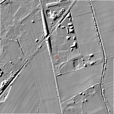 Shaded relief map of the ground around WR117AD, computed from Environment Agency LiDAR. The ground here sits at about 60 m above sea level and falls 12 m across the surrounding 800 m. Surface water reaching this point runs off ground lying to the south-east, 6.7 m higher.