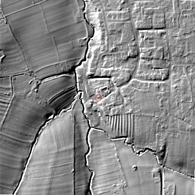 Shaded relief map of the ground around WR117EP, computed from Environment Agency LiDAR. The ground here sits at about 32 m above sea level and falls 10 m across the surrounding 800 m. Surface water reaching this point runs off ground lying to the east, 4.1 m higher.