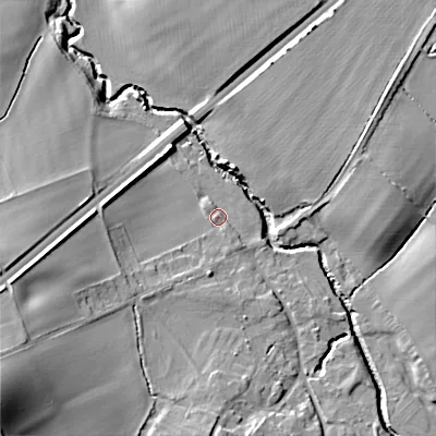 Shaded relief map of the ground around WR117FJ, computed from Environment Agency LiDAR. The ground here sits at about 35 m above sea level and falls 26 m across the surrounding 800 m. Surface water reaching this point runs off ground lying to the south-east, 1.4 m higher.