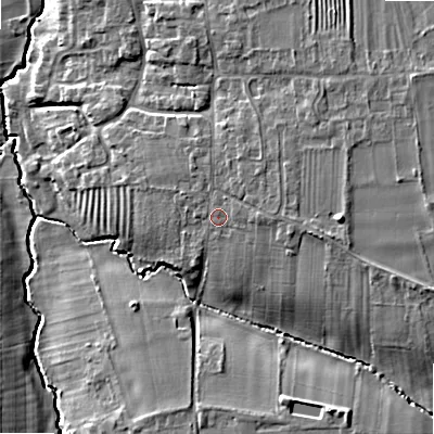 Shaded relief map of the ground around WR117HB, computed from Environment Agency LiDAR. The ground here sits at about 37 m above sea level and falls 12 m across the surrounding 800 m. Surface water reaching this point runs off ground lying to the east, 1.7 m higher.
