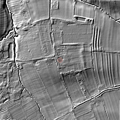 Shaded relief map of the ground around WR117HD, computed from Environment Agency LiDAR. The ground here sits at about 39 m above sea level and falls 10 m across the surrounding 800 m. Surface water reaching this point runs off ground lying to the south-west, 0.6 m higher.