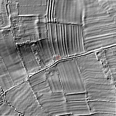Shaded relief map of the ground around WR117HE, computed from Environment Agency LiDAR. The ground here sits at about 38 m above sea level and falls 8 m across the surrounding 800 m. Surface water reaching this point runs off ground lying to the east-south-east, 4.6 m higher.