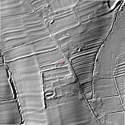 Shaded relief map of the ground around WR117HF, computed from Environment Agency LiDAR. The ground here sits at about 62 m above sea level and falls 12 m across the surrounding 800 m. Surface water reaching this point runs off ground lying to the east-south-east, 1.4 m higher.