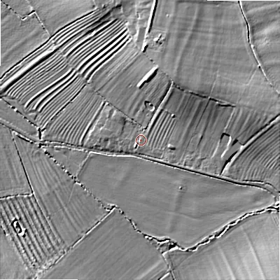 Shaded relief map of the ground around WR117HG, computed from Environment Agency LiDAR. The ground here sits at about 45 m above sea level and falls 14 m across the surrounding 800 m. Surface water reaching this point runs off ground lying to the north-east, 8.0 m higher.