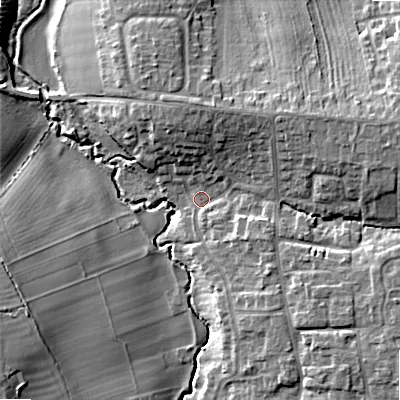 Shaded relief map of the ground around WR117HH, computed from Environment Agency LiDAR. The ground here sits at about 32 m above sea level and falls 12 m across the surrounding 800 m. Surface water reaching this point runs off ground lying to the east-north-east, 8.3 m higher.