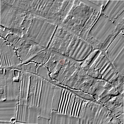 Shaded relief map of the ground around WR117HL, computed from Environment Agency LiDAR. The ground here sits at about 38 m above sea level and falls 8 m across the surrounding 800 m. Surface water reaching this point runs off ground lying to the south-south-west, 1.2 m higher.
