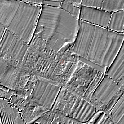 Shaded relief map of the ground around WR117HP, computed from Environment Agency LiDAR. The ground here sits at about 38 m above sea level and falls 7 m across the surrounding 800 m. Surface water reaching this point runs off ground lying to the south, 1.0 m higher.