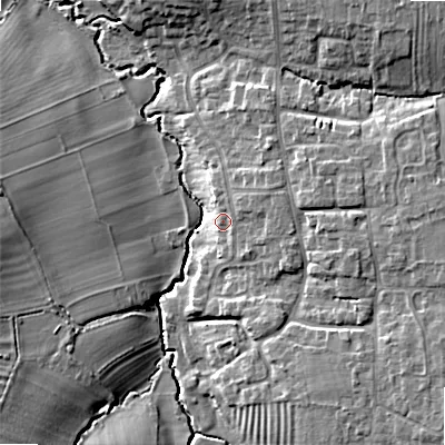 Shaded relief map of the ground around WR117HQ, computed from Environment Agency LiDAR. The ground here sits at about 34 m above sea level and falls 11 m across the surrounding 800 m. Surface water reaching this point runs off ground lying to the east, 1.5 m higher.
