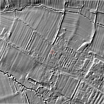 Shaded relief map of the ground around WR117HS, computed from Environment Agency LiDAR. The ground here sits at about 37 m above sea level and falls 7 m across the surrounding 800 m. Surface water reaching this point runs off ground lying to the south-east, 1.0 m higher.