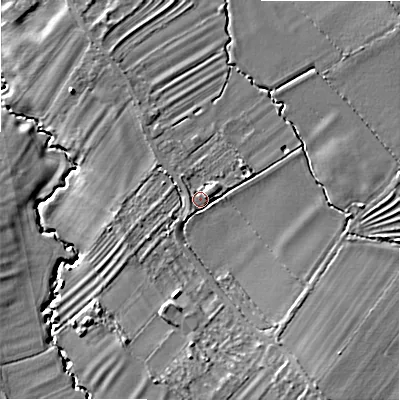 Shaded relief map of the ground around WR117HW, computed from Environment Agency LiDAR. The ground here sits at about 44 m above sea level and falls 11 m across the surrounding 800 m. Surface water reaching this point runs off ground lying to the south, 2.1 m higher.