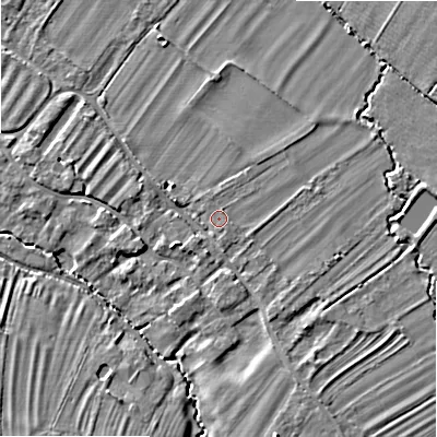 Shaded relief map of the ground around WR117HZ, computed from Environment Agency LiDAR. The ground here sits at about 41 m above sea level and falls 7 m across the surrounding 800 m. Surface water reaching this point runs off ground lying to the east-south-east, 0.7 m higher.