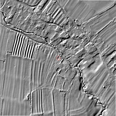 Shaded relief map of the ground around WR117JA, computed from Environment Agency LiDAR. The ground here sits at about 39 m above sea level and falls 9 m across the surrounding 800 m. Surface water reaching this point runs off ground lying to the south-south-west, 2.6 m higher.
