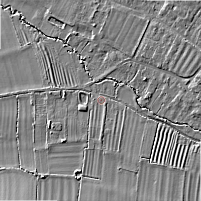 Shaded relief map of the ground around WR117JB, computed from Environment Agency LiDAR. The ground here sits at about 38 m above sea level and falls 9 m across the surrounding 800 m. Surface water reaching this point runs off ground lying to the south-east, 4.6 m higher.