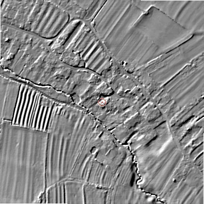 Shaded relief map of the ground around WR117JD, computed from Environment Agency LiDAR. The ground here sits at about 39 m above sea level and falls 8 m across the surrounding 800 m. Surface water reaching this point runs off ground lying to the east-south-east, 3.4 m higher.