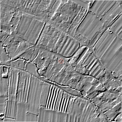 Shaded relief map of the ground around WR117JH, computed from Environment Agency LiDAR. The ground here sits at about 39 m above sea level and falls 6 m across the surrounding 800 m. Surface water reaching this point runs off ground lying to the east, 2.5 m higher.