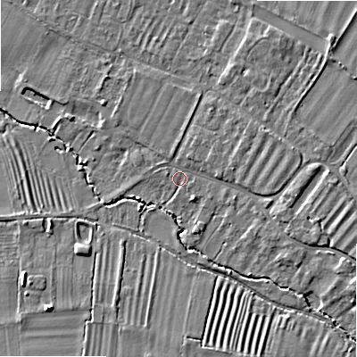 Shaded relief map of the ground around WR117JQ, computed from Environment Agency LiDAR. The ground here sits at about 38 m above sea level and falls 8 m across the surrounding 800 m. Surface water reaching this point runs off ground lying to the east-south-east, 3.3 m higher.